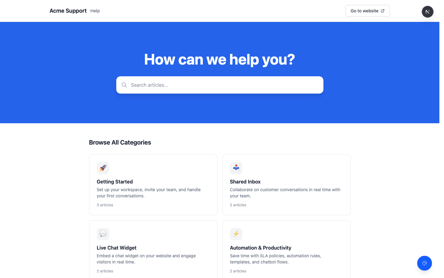 Knowledge Base: searchable help center with categories and AI suggestions