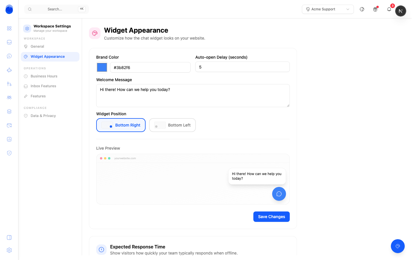 Personalizando los colores, la posición y el saludo del widget de chat
