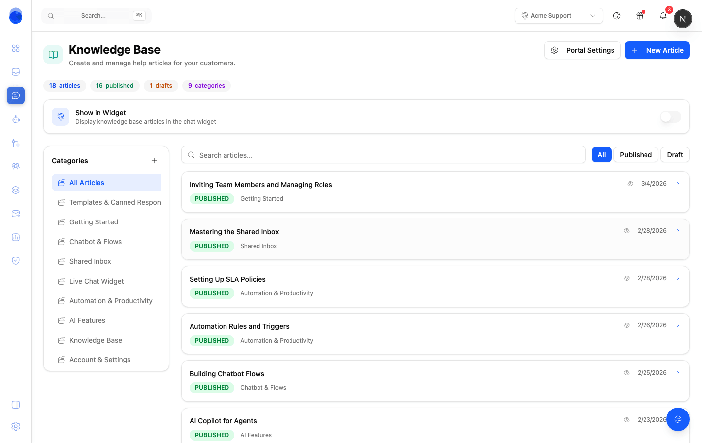 Editing a knowledge base article in Chattypie