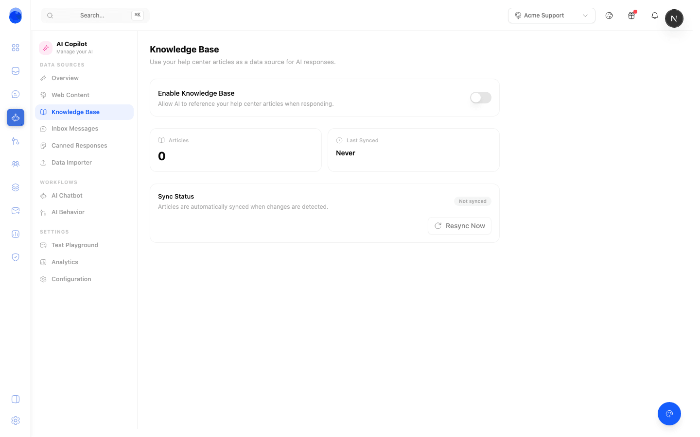 Adding and re-indexing knowledge sources for the AI agent